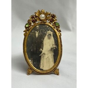 Vintage footed frame, gilt overlay, faux pearl‎ & gems